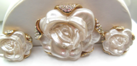 Vintage Signed CRAFT White Rose Flower &amp; Rhinestone Brooch, Earrings Set RARE - £116.85 GBP