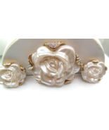 Vintage Signed CRAFT White Rose Flower &amp; Rhinestone Brooch, Earrings Set... - $148.50