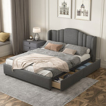 Upholstered Platform Bed with Wingback Headboard and 4 Drawers Queen - Gray - £312.54 GBP