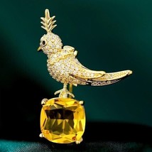 14K Yellow Gold Plated 3Ct Cushion Simulated Citrine Bird Brooch Pin For Blazer - £126.31 GBP