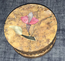 Vintage Hand Carved Stone Trinket Box Mother of Pearl Inlay MOP Circle Shaped - £11.01 GBP