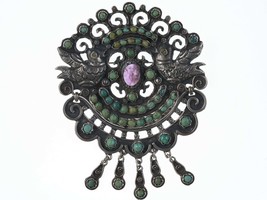 Large Vintage Matl Style Sterling Turquoise Amethyst repousse birds pendant/pin - £513.57 GBP