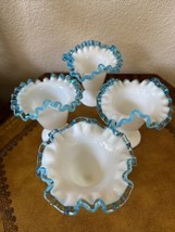 LOT 4 Vtg Fenton Milk Glass Aqua Crest Ruffled 4.5&quot;X4.5&quot; Jack In The Pul... - $98.01