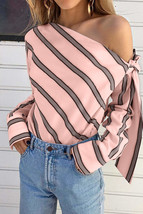 Pink Striped Asymmetric Tied Shoulder Blouse - £18.79 GBP