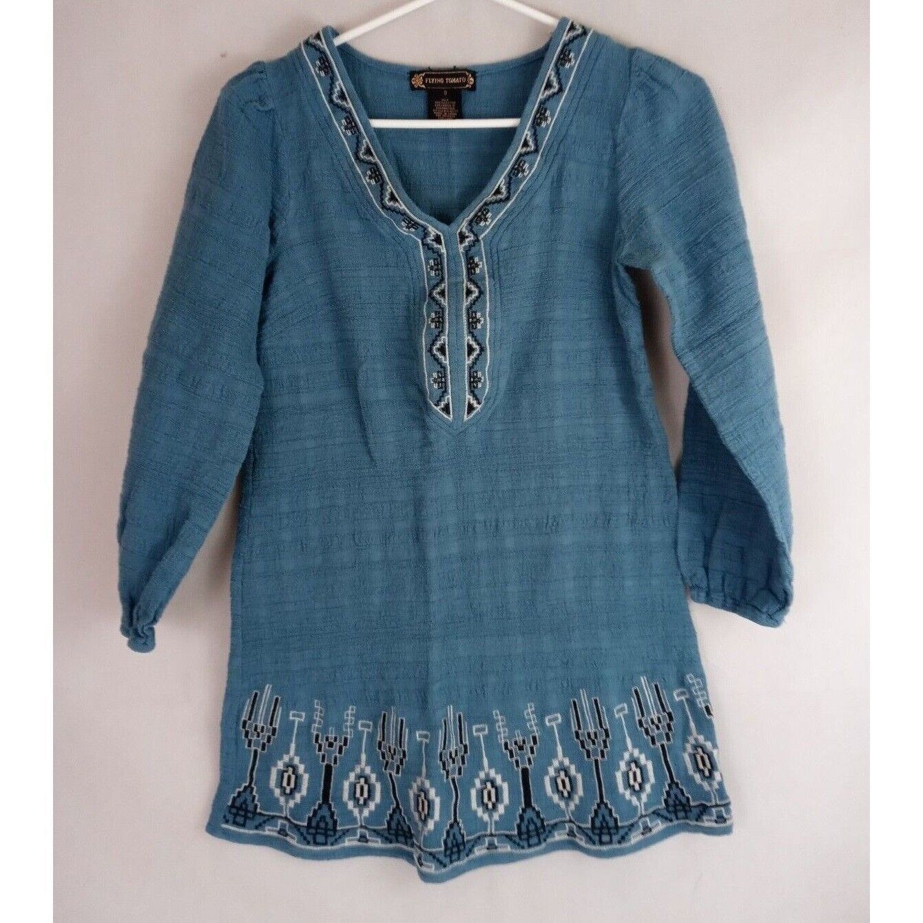 Primary image for Flying Tomato Blue Boho Blouse With Embroidered Aztec Design Size Small