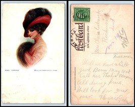 Vintage Postcard - Pretty Woman With Big Hat &amp; Hand Warmer #B1 - £2.31 GBP