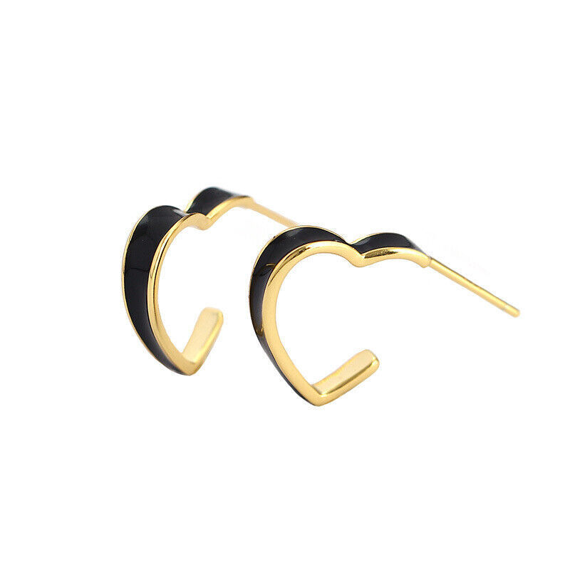 13mm 18K Yellow Gold Plated Black Epoxy Heart Shape Half Hoop Fashion Earrings - $49.00