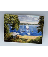 Photograph on Metal Harbor Scene Sailboats Wood Backing 7 5 Inches - £10.96 GBP