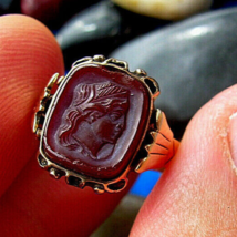 Antique Victorian Rose Gold Ring Rare old Sard Intaglio Carved Carnelian Cameo - £3,335.42 GBP
