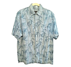 Medium Mens Blue Linen Hawaiian Shirt Plaid Bamboo Leaves Red Macaw Trad... - £17.16 GBP