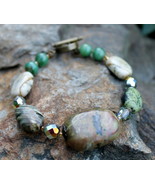 Pretty 8 1/2&quot; Bracelet Green Serpentine Quartz Gemstones AB Czech Glass ... - £13.22 GBP