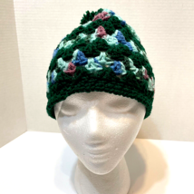 Vintage Handmade Crocheted Womens Winter Beanie Cap Pom Pom Green - £9.90 GBP