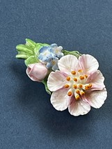 Vintage Denton Made in England Pink &amp; Blue Porcelain Flower Brooch Pin – - £7.46 GBP