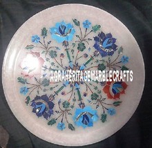 12&#39;&#39; White Marble Round Dish Plate Floral Art Inlay Marquetry Dinner Tab... - $362.18
