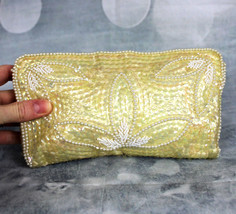 Vintage 50s 60s Beaded Iridescent Sequins Faux Pearl Trim Clutch Made in... - £7.81 GBP