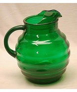 Anchor Hocking Ribbed Globe Ball Glass Pitcher Ice Guard Forest Green Vntage MCM - $59.39