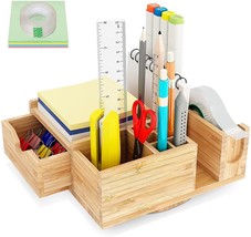 Eco Bamboo Office Desk Organizer - Rotating with Sliding Drawer, Pencil holder - £23.88 GBP
