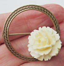 Vintage Carved ROSE Signed WRE Richards 12k Gold Filled Brooch Pin - $14.80