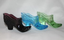 Mosser Glass Set/3 Bow &amp; Scroll Amethyst-Lime-Turquoise Shoe Boot Slipper #2590 - £36.08 GBP