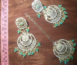 Indian Joharibazar GoldPlated Kundan Earring Jhumka Tikka Tika Jewelry Mint Set - $27.43