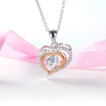 1.25Ct Double Heart Dancing Diamond Halo Pendant Necklace Two Tone Gold Finish - £60.26 GBP