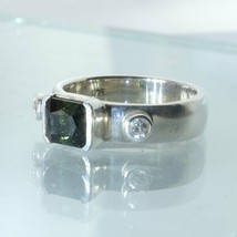 Green Tourmaline White Zircon Handmade Sterling Silver Unisex Ring size 9.25 - £81.75 GBP