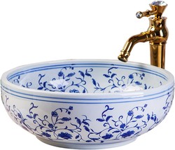 Round Bowl Hand Painted Countertop Sink Art Basin Without Faucet White And Blue - £203.02 GBP