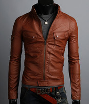 Luxury Men Jacket Brown Leather Belted Tab Collar Two Pockets and Front ... - $2,546.82 MXN
