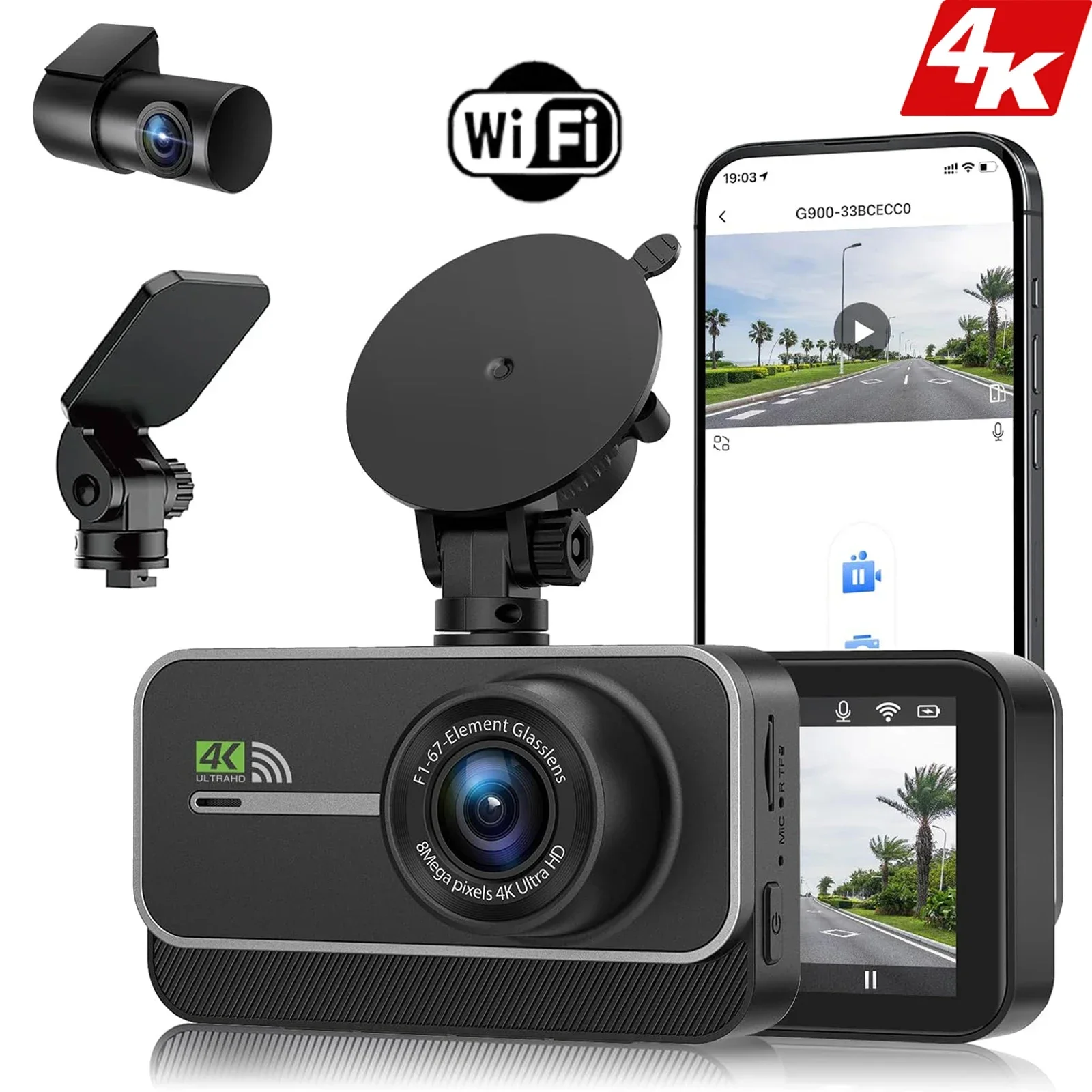 4K WiFi Dash Cam for Cars DVR Car Video Recorder Front and Rear Black Box Night - £86.58 GBP+