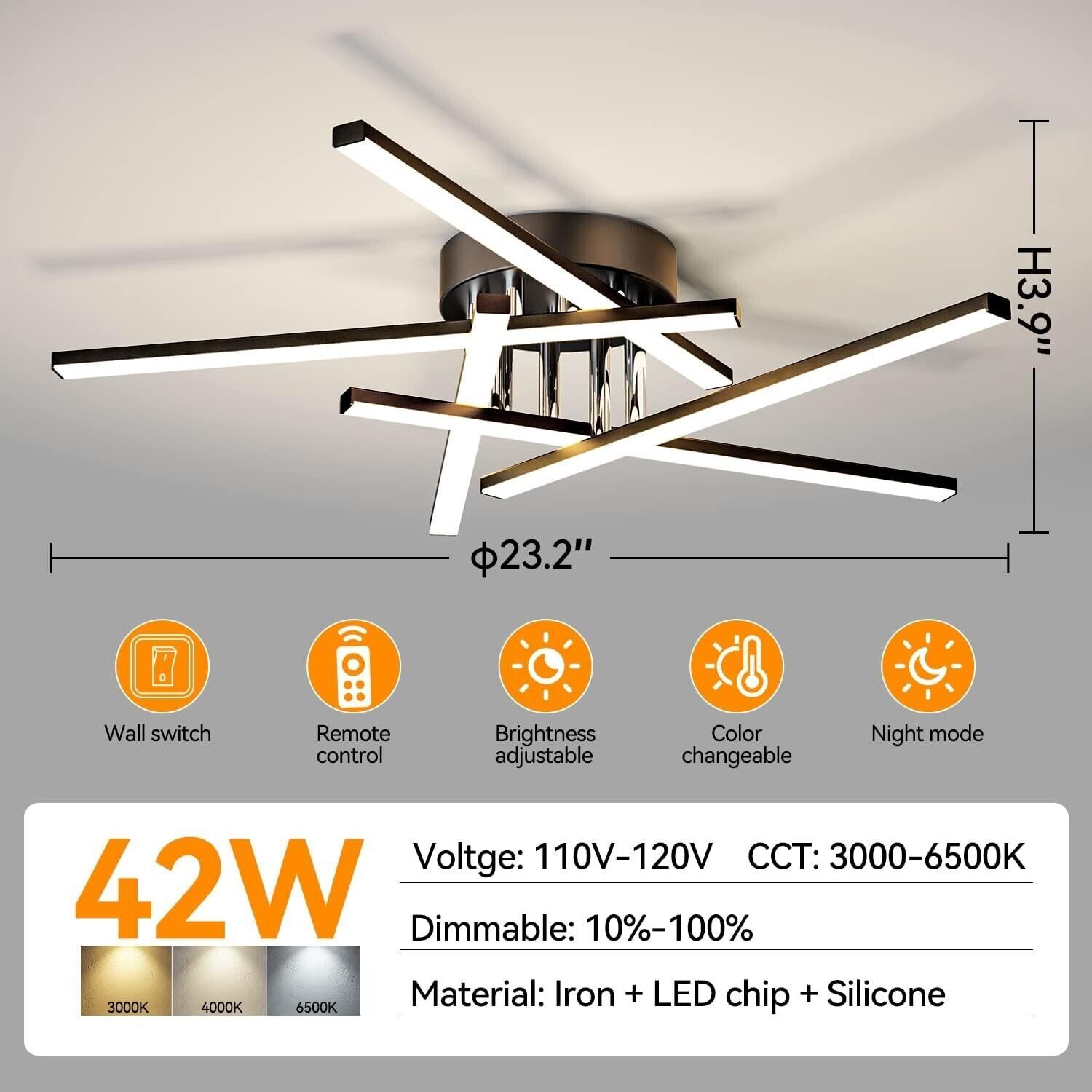 JFHTNFJ 5 Light Black 42w Modern Sputnik LED Ceiling Light Dimmable w Remote Item image 4