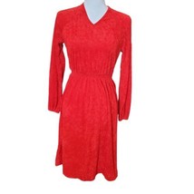 Vintage 70s 80s Red Terrycloth Pullover Casual Dress Smocked Longsleeve Small - £38.55 GBP