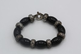Retired Signed ZINA 925 Sterling Silver Black Onyx Beaded Bracelet Fits 6&quot; Wrist - £410.78 GBP