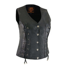Ladies Motorcycle Vest Black Leather Front Laces Vest SH1216 - $736.95 MXN