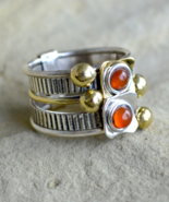 sterling silver wide ring, Two Tone ring, Red Stone ring, multirings, R46 - £39.16 GBP