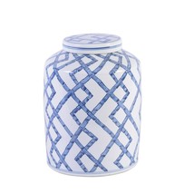 Beautiful Blue and White Bamboo Motif Porcelain Round Tea Jar 13&quot; - £140.79 GBP