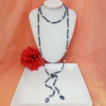 Sodalite Stone &amp; Freshwater Pearl Lariat Statement Necklace Chunky Chic Jewelry - $39.95