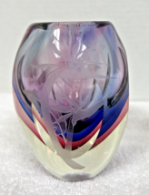Coyle Signed Art Glass Vase Purple Etch Bird Paradise Floral Pattern 5 1... - $54.45