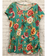 Belle by Kim Gravel Women Medium Pullover Top Green Floral Tropical Ruch... - $16.82
