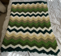 Vintage Afghan Chevron Crochet Blanket 79 X 50 Throw Green Brown Cream White - £19.97 GBP