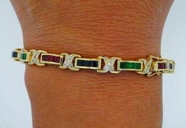 14K Yellow Gold Plated Silver Bracelet Simulated Diamond, Ruby,Sapphire Emerald - £158.75 GBP