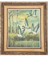 Vintage Painting Oil on Canvas Flying Ducks in March w Birch Trees 17 1/... - $50.44