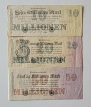 GERMANY LOT OF 3 BANKNOTES FROM 1923 10 - 50 MiILLION MARK XF VERY RARE - £14.52 GBP