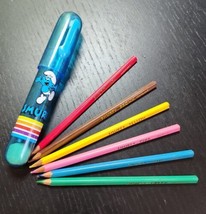 Smurf Peyo Applause Japan Vintage 80s Mini Color Pencil Set Blue Plastic Case - £46.77 GBP