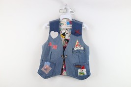 Vintage 90s Streetwear Womens Small Patchwork Comic Denim Jean Vest Jack... - $37.83