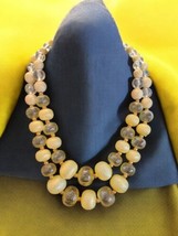 Vintage Double-Strand Yellow Beaded Necklace, Textured &amp; Clear, Hook Clasp 1950s - $33.87