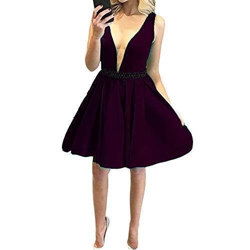 Kivary Satin Sheer V Neck Beaded Waist Formal Prom Homecoming Dresses Dark Plum