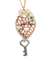 Restored Enameled Faux Pearl Caged Heart Accent Key Pendant Necklace OAK - £15.81 GBP