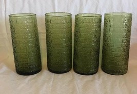 Vintage Green Etched Glass Tumblers Water Tea Glasses - (4) 6” Tall EUC - $24.99