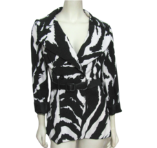 Black &amp; White Zebra Jacket M Belted Wrapper 3/4 Sleeve Animal Print Blaz... - £11.83 GBP