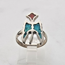 ZUNI VINTAGE 925 STERLING SILVER TURQUOISE AND CORAL THUNDER BIRD RING S... - $68.31